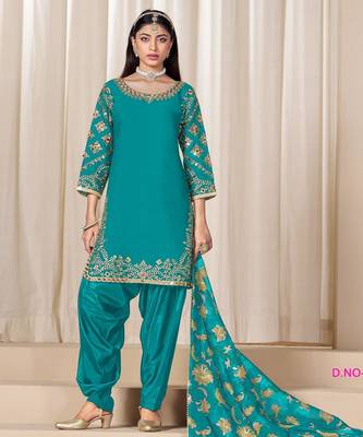 Teal Blue premium embroidered roman silk semi stitched salwar suit 2