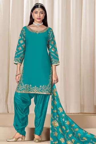 Teal Blue premium embroidered roman silk semi stitched salwar suit