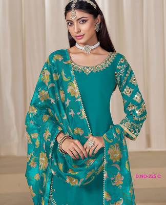 Teal Blue premium embroidered roman silk semi stitched salwar suit 3