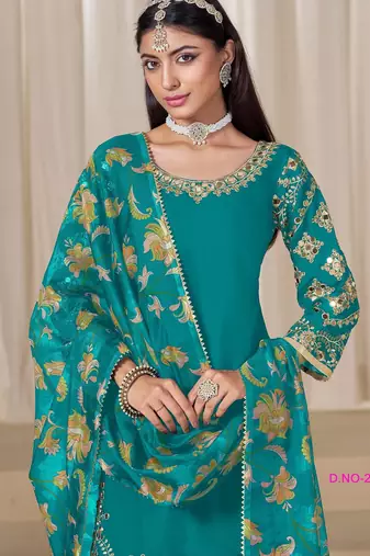 Teal Blue premium embroidered roman silk semi stitched salwar suit