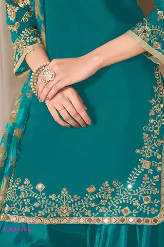 Teal Blue premium embroidered roman silk semi stitched salwar suit