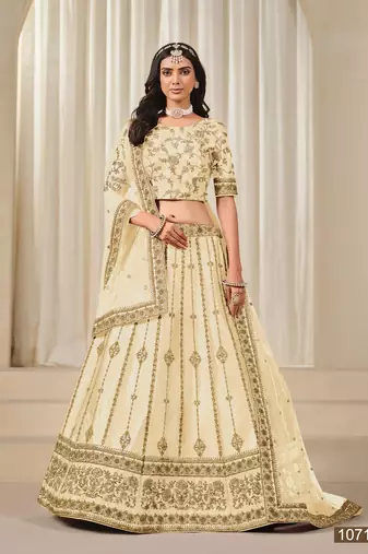 Cream Embroidered Art Silk Lehenga With Blouse
