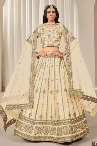 Cream Embroidered Art Silk Lehenga With Blouse