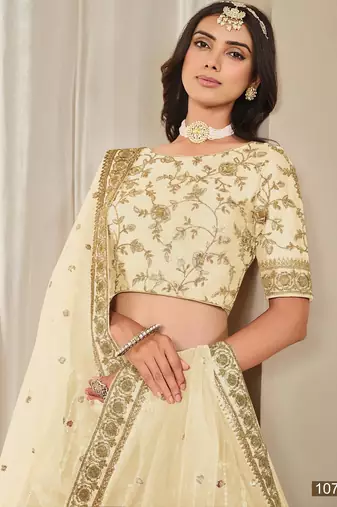 Cream Embroidered Art Silk Lehenga With Blouse
