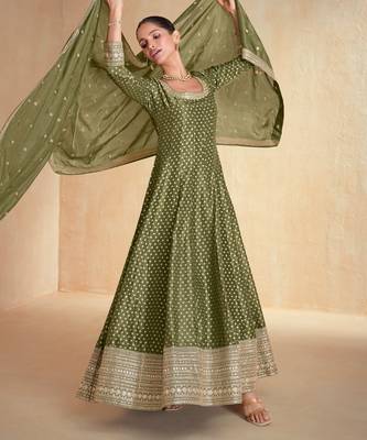 Olive green embroidered viscose jacquard free size stitched anarkali suit 1