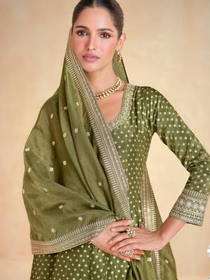 Olive green embroidered viscose jacquard free size stitched anarkali suit 2