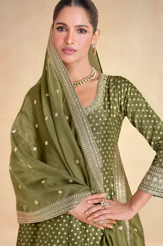 Olive green embroidered viscose jacquard free size stitched anarkali suit