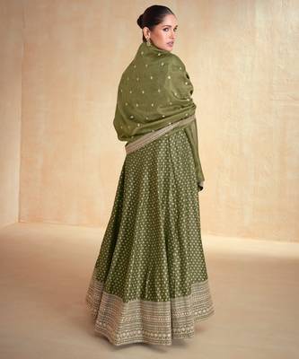 Olive green embroidered viscose jacquard free size stitched anarkali suit 3