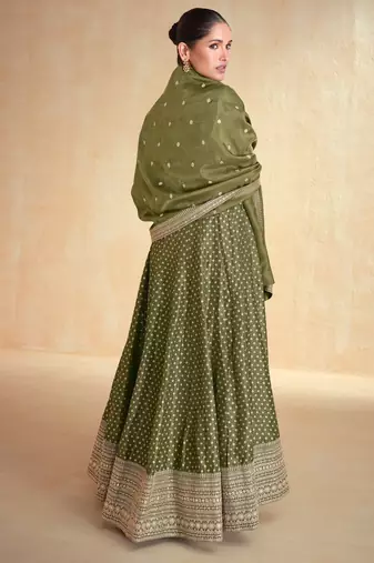 Olive green embroidered viscose jacquard free size stitched anarkali suit