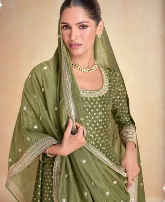 Olive green embroidered viscose jacquard free size stitched anarkali suit 4
