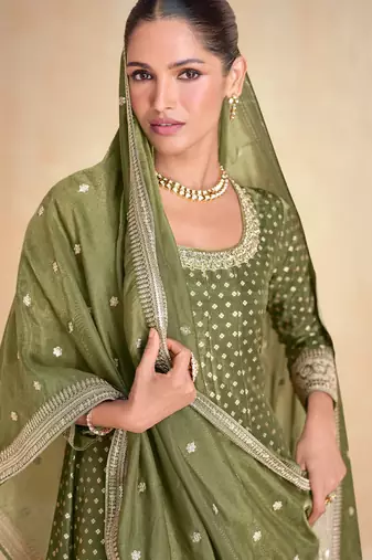 Olive green embroidered viscose jacquard free size stitched anarkali suit
