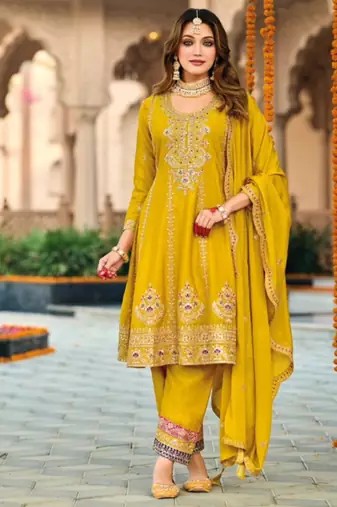Yellow embroidered chinon sequins work free size stitched anarkali suit