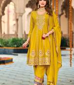 Yellow embroidered chinon sequins work free size stitched anarkali suit