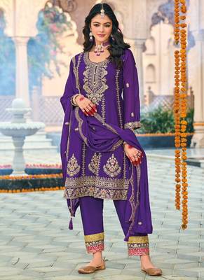 Purple embroidered chinon sequins free size stitched anarkali suit 1