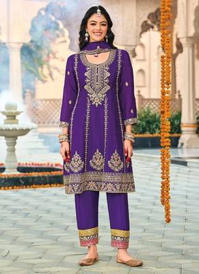 Purple embroidered chinon sequins free size stitched anarkali suit 2