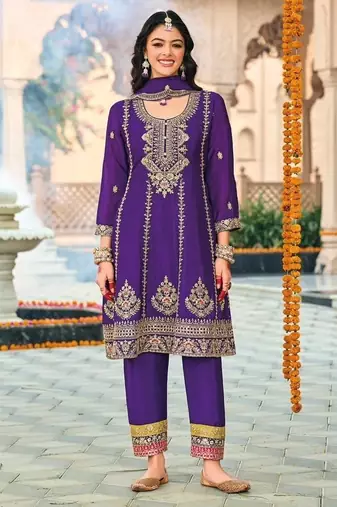 Purple embroidered chinon sequins free size stitched anarkali suit