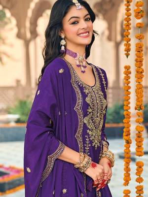 Purple embroidered chinon sequins free size stitched anarkali suit 3
