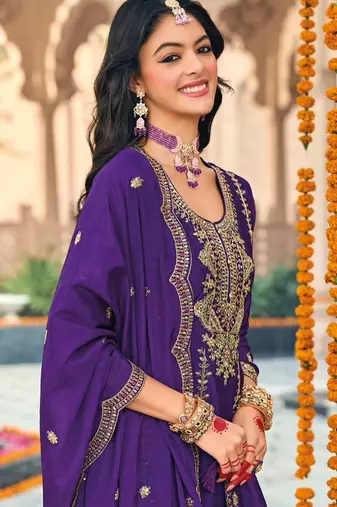 Purple embroidered chinon sequins free size stitched anarkali suit