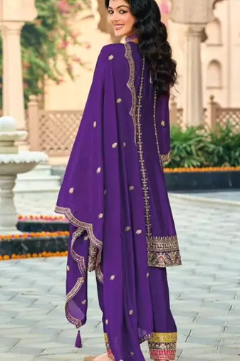 Purple embroidered chinon sequins free size stitched anarkali suit