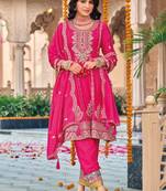 Rani pink embroidered Chinon Sequins work free size stitched anarkali suit