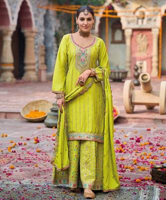 Lime yellow embroidery dhaga sequin ready made suit (free size) 1