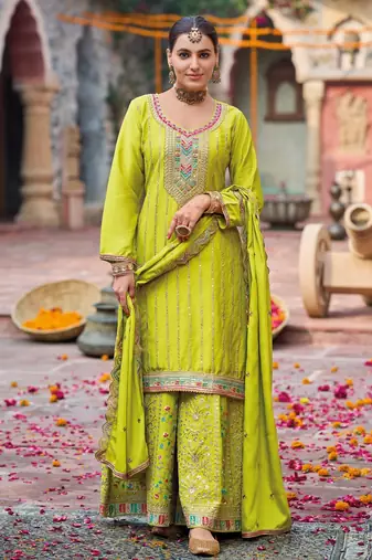 Lime yellow embroidery dhaga sequin work ready made suit (free size)