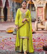Lime yellow embroidery dhaga sequin work ready made suit (free size)