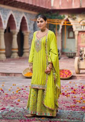 Lime yellow embroidery dhaga sequin ready made suit (free size) 2