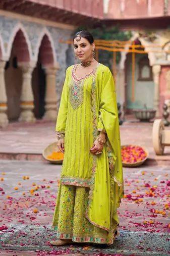 Lime yellow embroidery dhaga sequin ready made suit (free size)