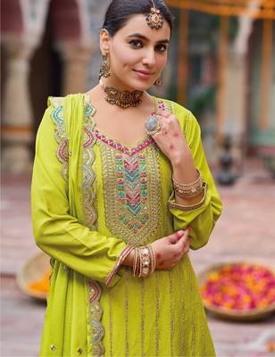 Lime yellow embroidery dhaga sequin ready made suit (free size) 3