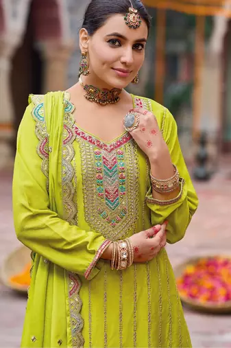 Lime yellow embroidery dhaga sequin ready made suit (free size)