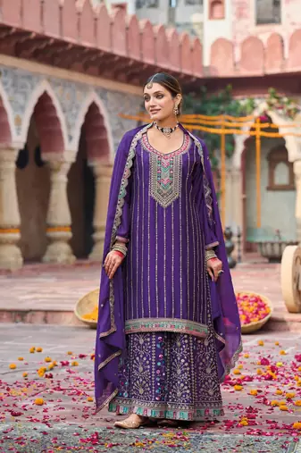 Purple embroidery dhaga sequin ready made suit Full Stitched (free size)