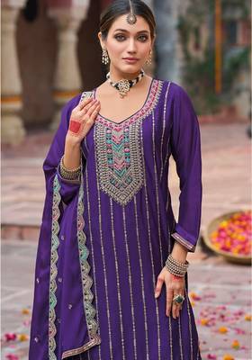 Purple embroidery dhaga sequin ready made suit Full Stitched (free size) 3