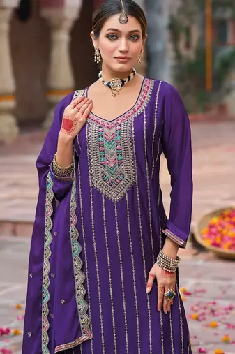 Purple embroidery dhaga sequin ready made suit Full Stitched (free size)