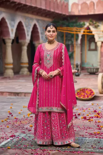 Rani pink embroidery dhaga sequin ready made suit (free size)