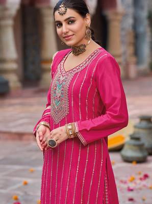 Rani pink embroidery dhaga sequin ready made suit (free size) 3
