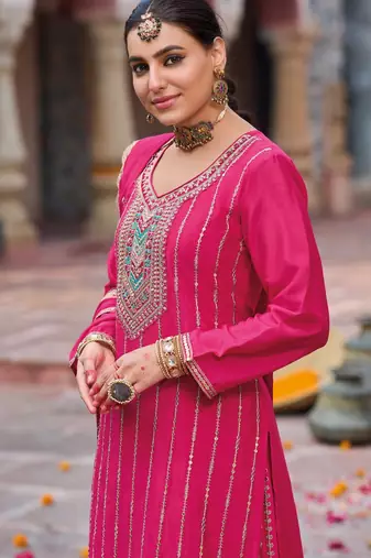 Rani pink embroidery dhaga sequin ready made suit (free size)