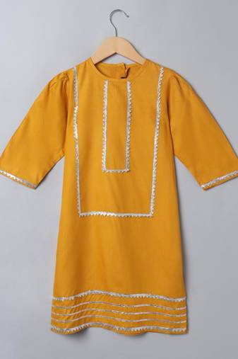 Mustard 2 pcs suit for girls in rayon fabric with gota patti work