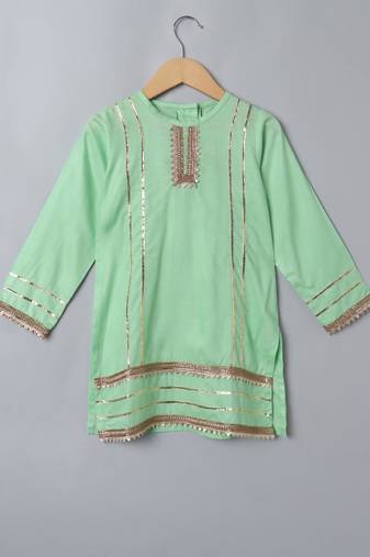 Light green 2 pcs suit for girls in rayon fabric with gota patti work