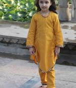 Mustard two pcs suit in pure cotton with sequin lacework