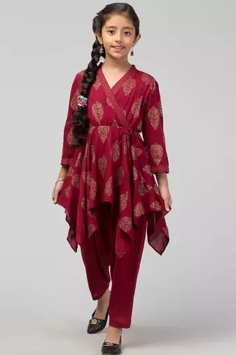 Maroon two pieces set- dhoti shalwar and long asymmetrical top