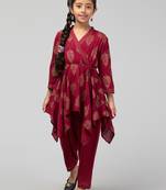 Maroon two pieces set- dhoti shalwar and long asymmetrical top