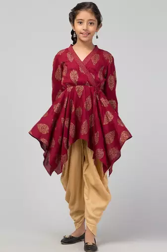 Maroon-beige two pieces set- dhoti shalwar and long asymmetrical top