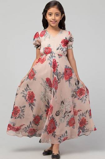 Beige long dress for girls in printed georgette fabric