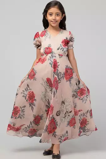Beige long dress for girls in printed georgette fabric