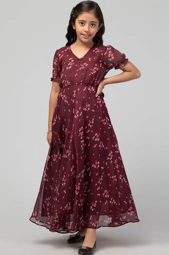 Maroon long dress for girls in printed chiffon fabric