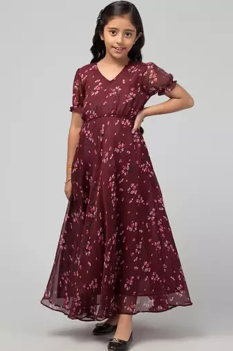 Maroon long dress for girls in printed chiffon fabric