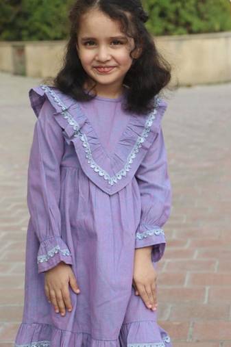 Lilac designer frock for girls in pure cotton fabric