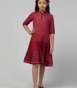 Maroon midi dress for girls in printed rayon fabric
