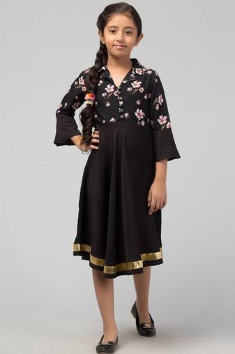 Black multi midi dress for girls in crepe fabric